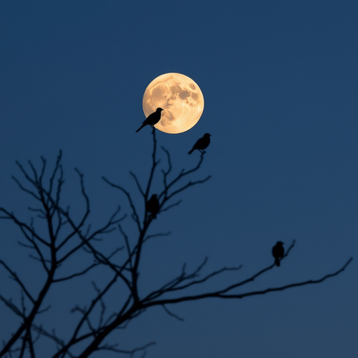 Capture a high-resolution image of a full moon in the night sky with silhouetted branches of a tree and birds perched on them, using a DSLR camera with a 200mm lens, f/8 aperture, ISO 100, shot at dusk with a clear view to ensure sharpness and detail.