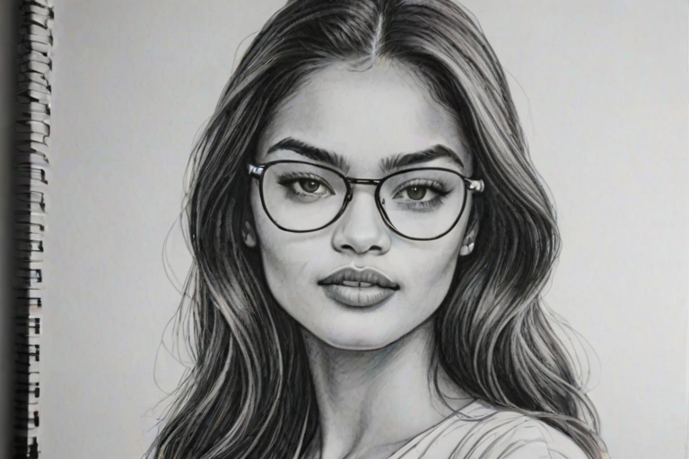 Gorgeous Shanina Shaik, pencil sketch, portrait of Ravishing woman 1973s in glasses, hair style beatnik, outline, clear lines, fine lines, 8k