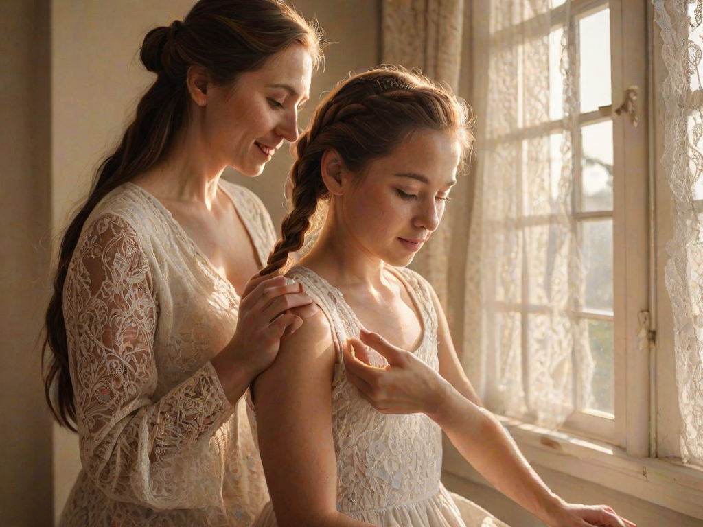 Warm, intimate image of a mother braiding her daughter's hair by a sunny window, soft golden light illuminating their faces, with delicate lace curtains gently fluttering in the breeze.