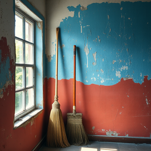 A brightly lit interior scene featuring a rustic broom leaning against a vividly textured blue and red wall with peeling paint, natural sunlight streaming through a nearby window, captured with a DSLR camera at f/2.8 aperture, ISO 100, 1/60 sec shutter speed, wide-angle lens at 24mm, ensuring vibrant colors and detailed textures.