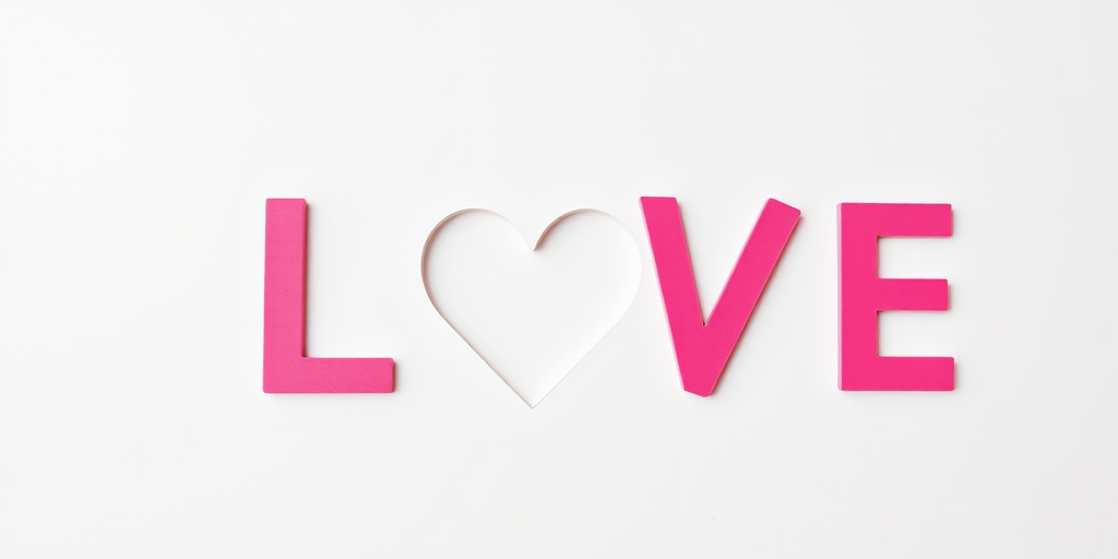 Create an image of the word LOVE with a heart shape cut out in the middle, using vibrant pink color for the letters and a clean white background, shot with a Canon EOS R5, 50mm lens, f/1.8 aperture, ISO 100, and natural lighting for enhanced clarity and contrast.