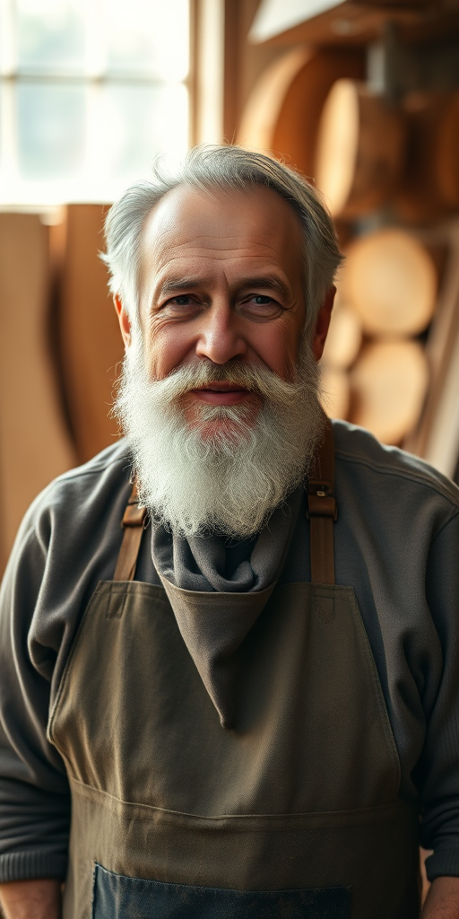 portrait of an elderly man with a beard wearing an apron in a workshop surrounded by wood, soft natural lighting, shallow depth of field, 85mm lens, f/1.8 aperture, ISO 200, capturing warm tones and textures