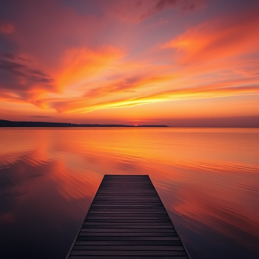 Capture a serene sunset over a calm body of water with vibrant colors reflecting on the surface, featuring a wooden dock in the foreground, shot with a full-frame DSLR camera at f/8, ISO 100, 1/60 sec, using a wide-angle lens from a high vantage point.
