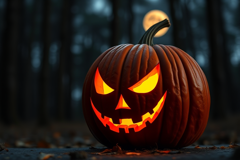 Create a high-resolution image of a carved pumpkin with a sinister face, glowing from within against a moonlit forest backdrop, using a DSLR camera with a 50mm lens, f/1.8 aperture, ISO 200, and a shallow depth of field to create a dreamy bokeh effect.