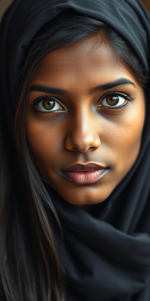 Create a portrait of a young Sri Lankan woman with long, dark hair and captivating hazel eyes. She is wearing a dark headscarf and a matching scarf draped gracefully around her neck. The background is softly blurred, focusing attention on her serene and natural expression. The overall color palette is muted and warm, enhancing the intimate and authentic feel of the portrait.