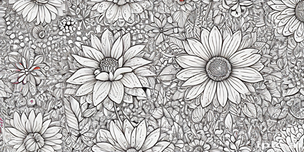 Intricate Black and White Floral Design Featuring Varied Blossoms and ...
