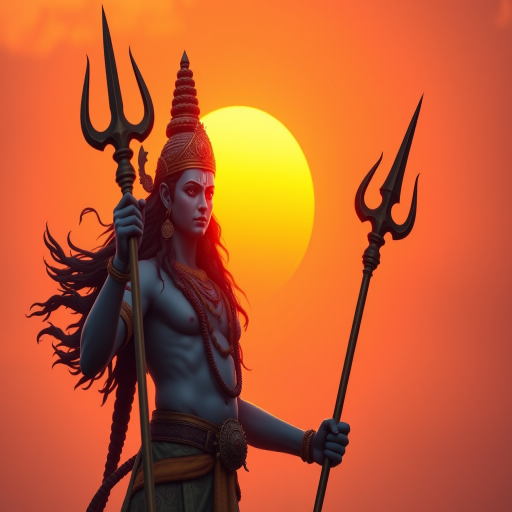Create a high-resolution digital illustration of a majestic figure holding a trident, styled as a Hindu deity, with a vibrant orange sun setting in the background, using a DSLR camera with a 50mm lens, f/1.8, ISO 100, and a shallow depth of field to enhance the details and colors.