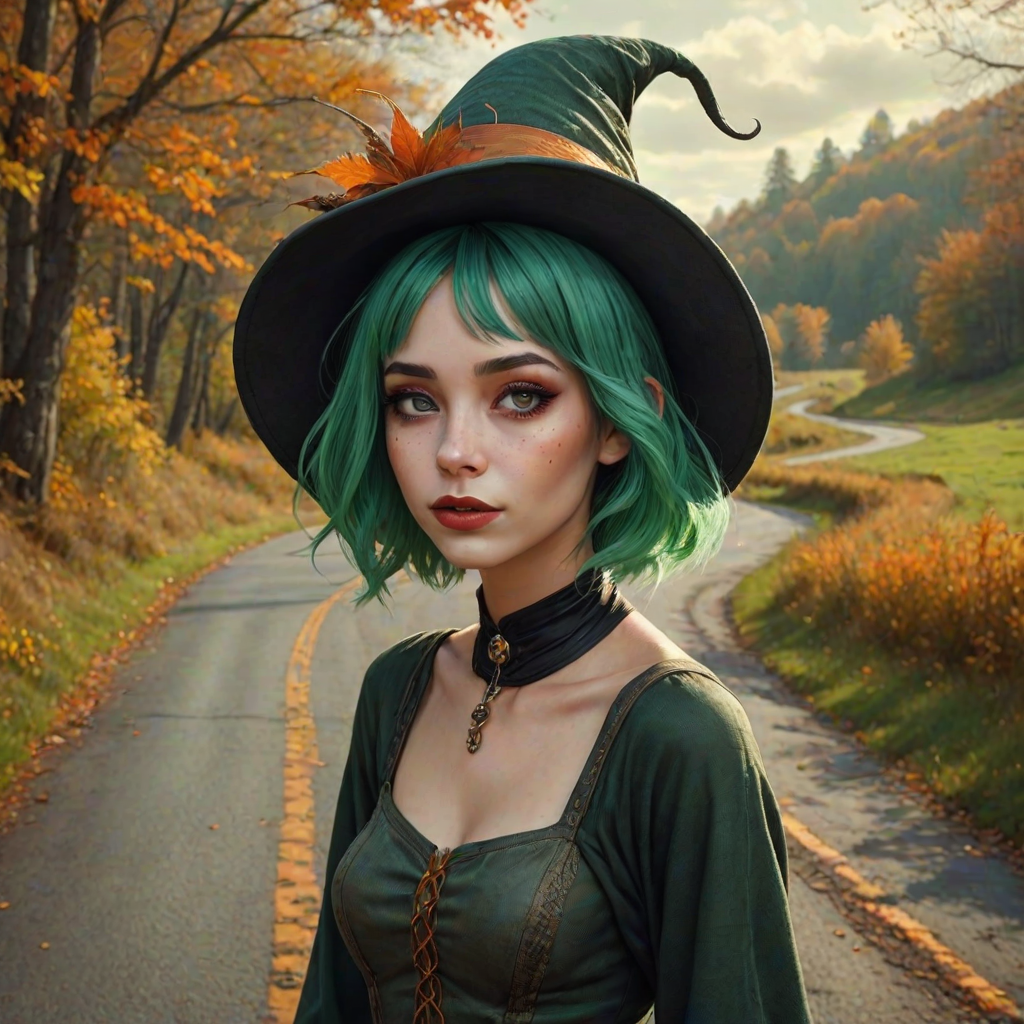 digital art fantasy depicting a strange girl with green hair, long eyelashes, orange lipstick and a tall hat walking along a winding road on an autumn afternoon, an Eel smiles as she passes