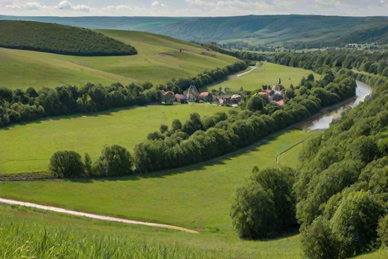 a panoramic view of a lush green landscape with rolling hills, a winding river, a distant historical building, and a horse grazing in a meadow near a quaint village with houses surrounded by trees