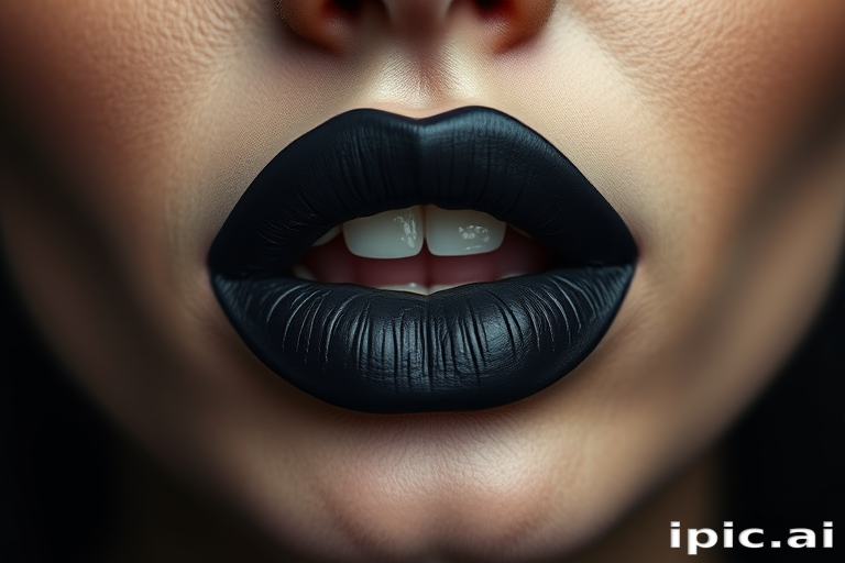 Striking visual of matte charcoal lips with a smoky finish, emphasizing bold contrast and edgy appeal in monochromatic tones