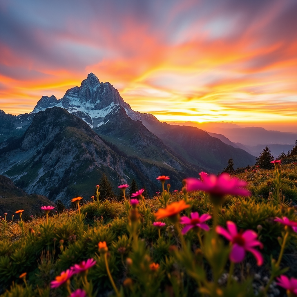 Create an image of a majestic mountain landscape during sunrise with vibrant colors in the sky, focus on foreground flowers, camera settings: ISO 100, aperture f/8, shutter speed 1/250s, camera view: wide-angle shot, camera style: HDR, camera type: DSLR.