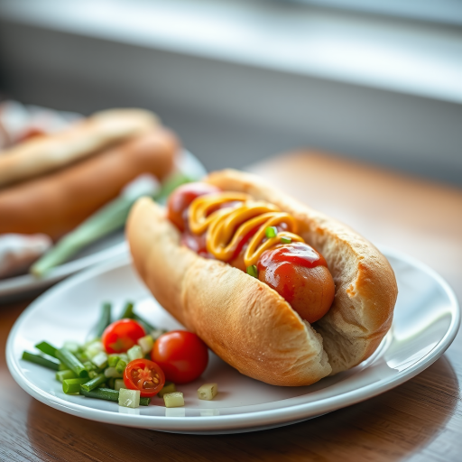 A photorealistic image of a gourmet hot dog in a fresh bun topped with mustard and ketchup, with a side of chopped green onions and cherry tomatoes on a white plate, soft natural lighting, shallow depth of field, aperture f/2.8, ISO 200, 50mm lens, DSLR camera.