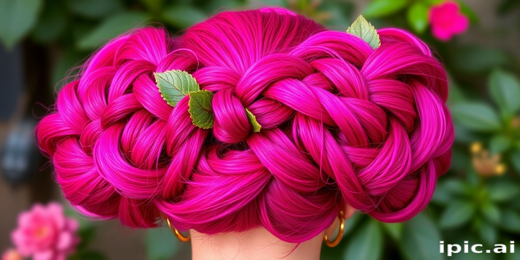 Vibrant magenta hair arranged in an elaborate updo resembling a blooming flower, with intricate braids and twists forming petals and leaves, embodying a botanical masterpiece named Fuchsia Floret