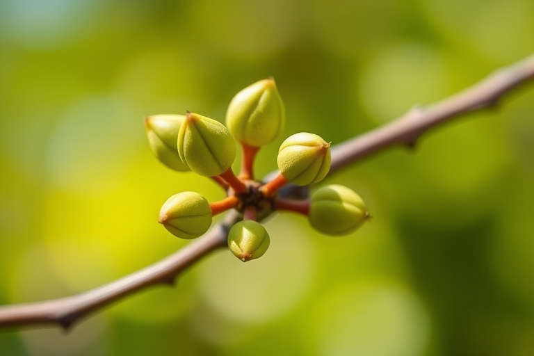 close-up shot of new green buds on a branch with a blurred green background, f/2.8 aperture, 1/200s shutter speed, ISO 100, macro lens, natural sunlight, DSLR camera