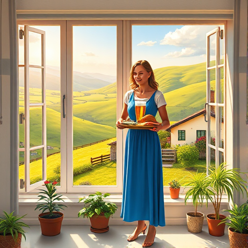In "A Glass of Beer on the Highland," a serene scene is depicted in a sunlit room where a woman in a vibrant blue dress stands by a large window. She holds a tray with a hearty meal and a frothy glass of beer, embodying a moment of relaxation. Outside, the breathtaking highland landscape features rolling green hills and a charming traditional house, all bathed in warm afternoon light. The interior is adorned with potted plants, creating a harmonious blend of comfort and nature. The painting beautifully captures the tranquility and joy found in simple pleasures amidst stunning scenery