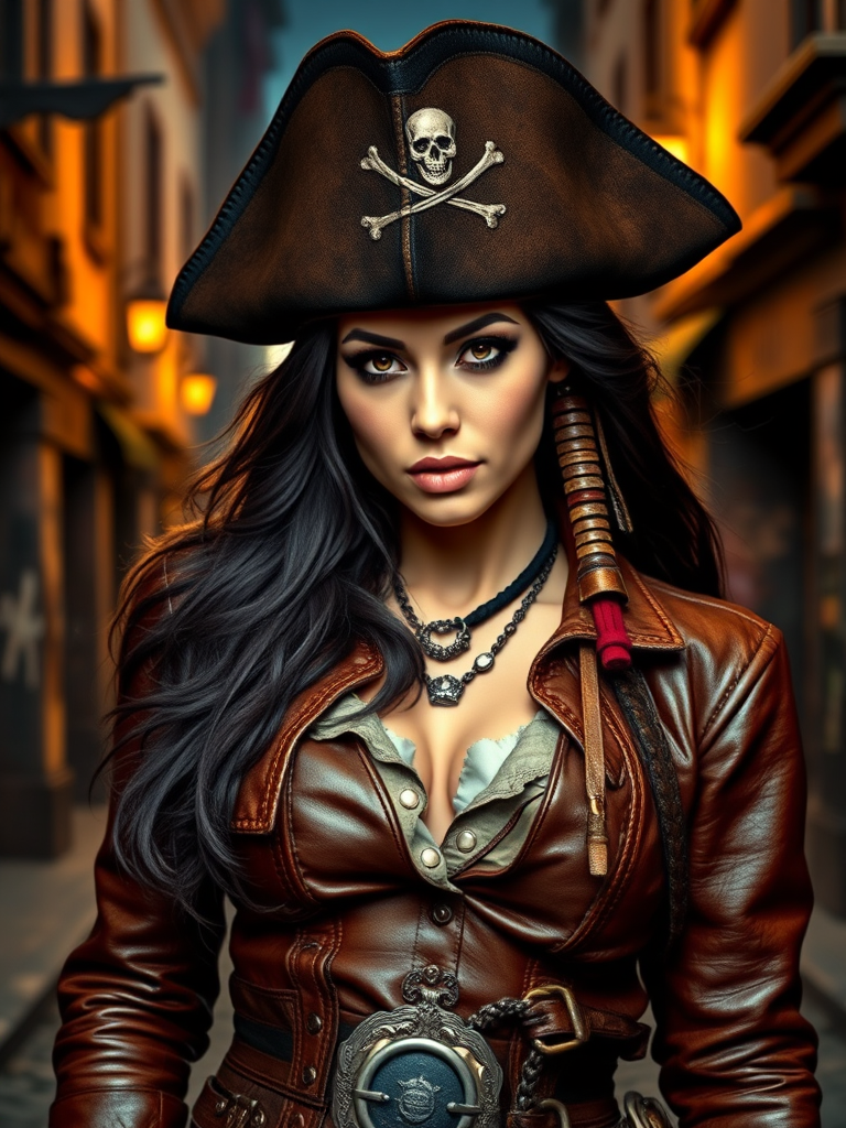 Create a portrait of a fierce female pirate. She wears a leather tricorn hat adorned with a skull and crossbones emblem, and her long, dark hair flows around her face. Her outfit consists of a richly detailed leather jacket, a corset, and multiple layers of belts and accessories, giving her a formidable and stylish appearance. She stands confidently in a dimly lit, historic port town, with a backdrop of weathered buildings and cobblestone streets, capturing the adventurous spirit of a pirate.