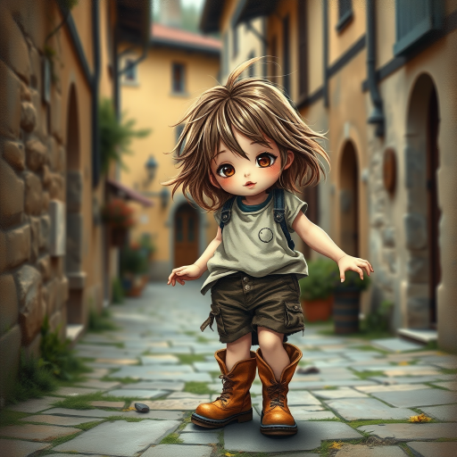 Whimsical little 3-year-old girl wearing scruffy tomboy clothes, boots, messy hair heavily blushed cheeks, pink lips, closely dancing in the street of an Italian village,Textured painterly fantasy artistic mixed media