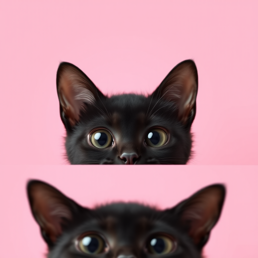 Create an image of a cute black cat peeking from the bottom with large expressive eyes against a solid pastel pink background. The focus should be on the cat's face and ears with minimal distractions in the background.