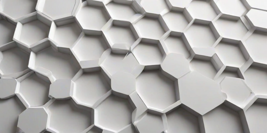 Create a minimalistic design featuring a pattern of white, raised hexagons on a smooth white background, with some hexagons missing to create an abstract composition.