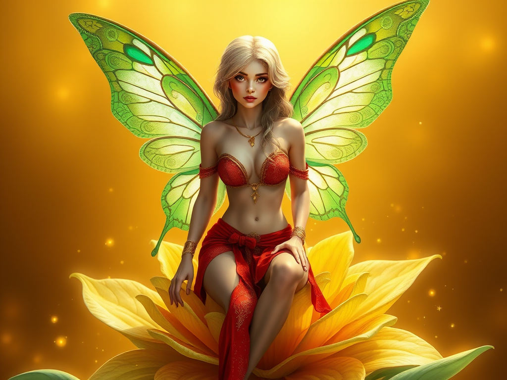 A digital artwork features a winged fairy with delicate Chartreuse butterfly wings, adorned with intricate Pistachio andEmerald patterns. She is seated on a vibrant Electric flower, wearing a revealing red two-piece outfit with sparkling beadwork. Her fair skin, long blonde hair, and gold jewelry add to her ethereal appearance. The background is a warm, golden gradient, creating a magical atmosphere. Small glowing orbs and sparkles surround the flower, enhancing the enchanting, highly detailed, and realistic scene.