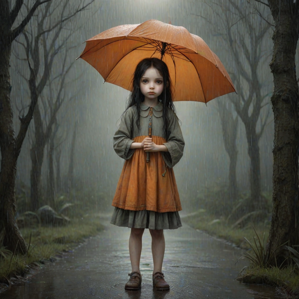 An eerie, weird little girl with dark hair in thin pigtails, wearing a smock dress, standing in the rain, holding a dirty orange umbrella, a small, odd creature beside her. In a surreal style inspired by Nicoletta Ceccoli and Brian Froud. Dark fantasy themes