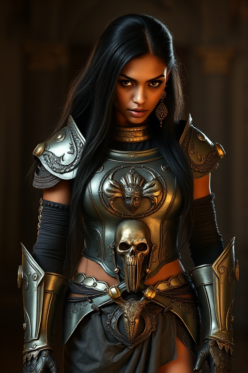 Create a photo of a fierce Yoruba female warrior with long black hair, wearing an ornate, metallic armor. The armor includes a breastplate with intricate designs, shoulder guards, and gauntlets. The breastplate is decorated with a central emblem, possibly representing a mythical symbol, and has a sculpted, form-fitting design. She wears a belt with a large skull ornament at the center, and her armor extends into a partial skirt, revealing one leg. The overall look is both protective and stylish, with a dark, gothic aesthetic. The background is dimly lit, suggesting a medieval or fantasy setting, enhancing the warrior's imposing presence and intense expression.