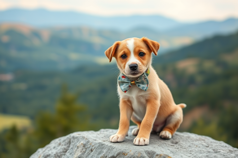 A cute puppy with a bow tie sitting on a rock with a scenic landscape in the background, shot with a Canon EOS R5 at f/2.8, ISO 100, 50mm lens, soft focus, natural light.