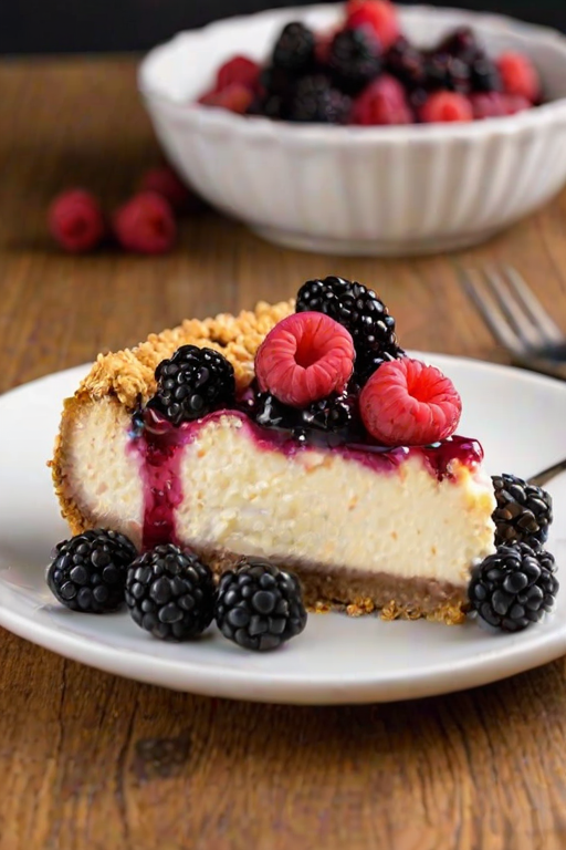 Generate an image of a delicious slice of berry crumble cheesecake on a white plate. The cheesecake should have a creamy texture with a mix of raspberries and blackberries visible. The crumble topping should be golden and slightly crunchy, adding a rustic look. The background should feature a wooden table with a few scattered berries for a fresh touch.