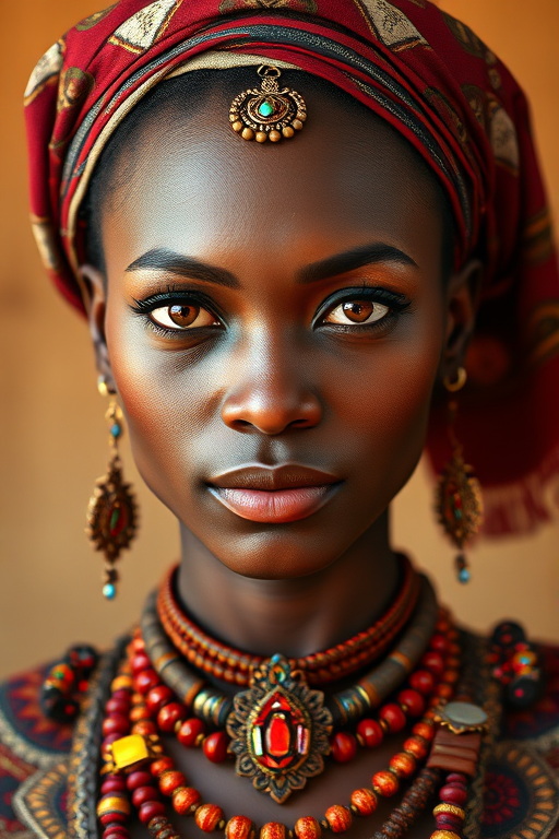 Create a portrait of a beautiful Zulu woman with striking red eyes and a gentle expression. She is adorned in traditional attire with intricate patterns, including a richly embroidered headscarf and matching garments. Her jewelry includes a delicate headpiece, dangling earrings, and ornate bracelets, all featuring vibrant gemstones and detailed metalwork. The background is soft and warm, enhancing the rich colors of her outfit and jewelry.