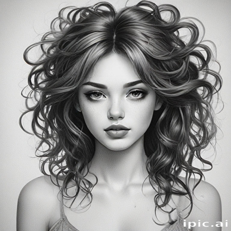Intricate Black and White Portrait of a Young Woman with Curly Hair