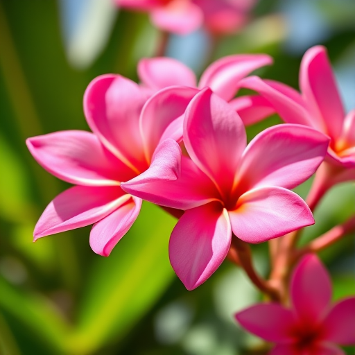 Vibrant close-up of pink plumeria flowers with soft focus background, ISO 100, aperture f/2.8, shutter speed 1/200s, macro lens, DSLR camera, natural sunlight.