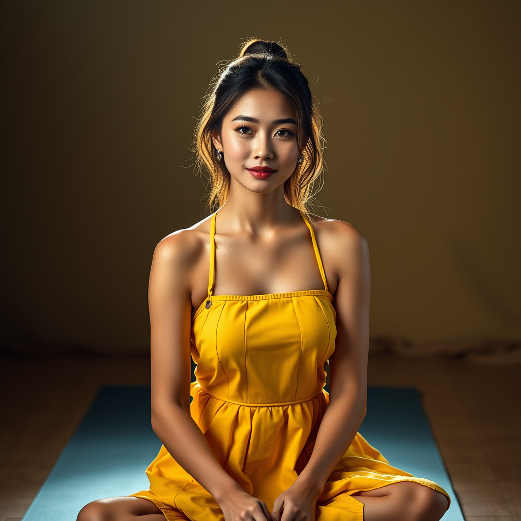 Resplendent photo of woman:Chinese:0.4, highlight hair, wearing Banana dress, sitting on Yoga mat, rim lighting, studio lighting, looking at the camera, dslr, ultra quality, sharp focus, tack sharp, dof, film grain, Fujifilm XT3, crystal clear, 8K UHD, highly detailed glossy eyes, high detailed skin, skin pores