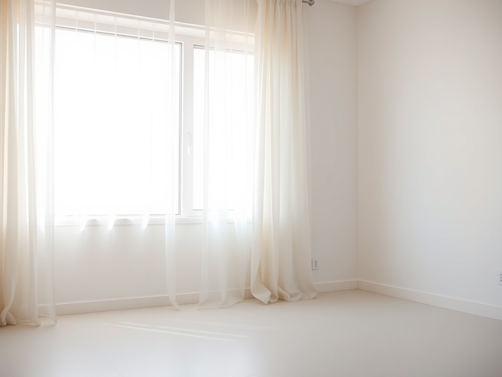 Create a bright, minimalist interior scene with a large window letting in soft, diffused light, white curtains gently billowing, and a smooth, light-colored floor, captured with a Canon EOS 5D Mark IV, aperture f/8, shutter speed 1/125s, ISO 400, 24mm wide-angle lens, in natural light to enhance image quality.