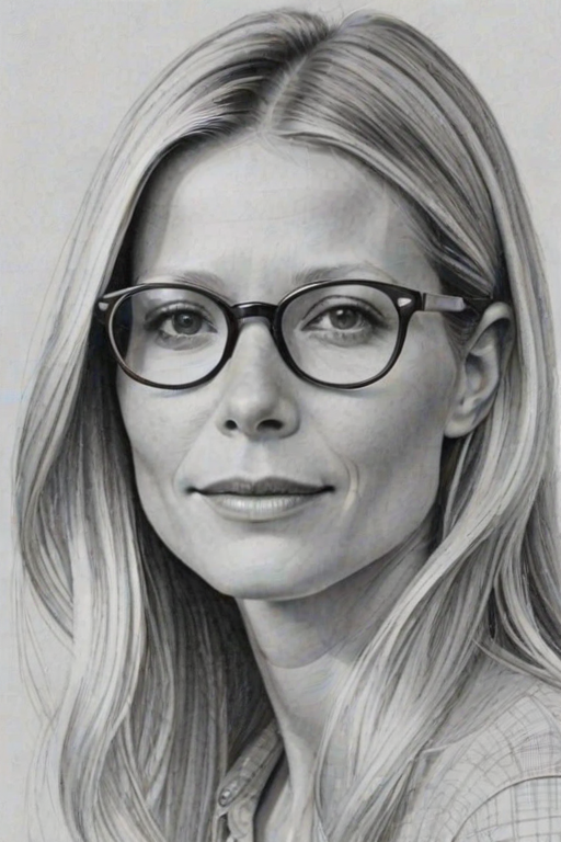 Charming Gwyneth Paltrow, pencil sketch, portrait of Graceful woman 1979s in glasses, hair style beatnik, outline, clear lines, fine lines, 8k