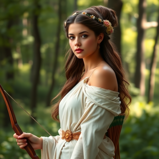 Create a portrait of a goddess-like female figure in a tranquil, forested environment. She has an elegant appearance with long, wavy hair styled in an updo and adorned with a delicate, floral headband. She wears a flowing, ancient Greek-inspired gown in a soft, pale color, featuring a one-shoulder design and draped fabric that accentuates her graceful form. The outfit includes a decorative belt with ornate gold detailing, and she holds a bow in her hand, with a quiver of arrows slung over her shoulder. The background depicts lush greenery, with sunlight filtering through the trees, casting a gentle, ethereal light on the scene. Her expression is calm and contemplative, embodying a sense of wisdom and serenity.