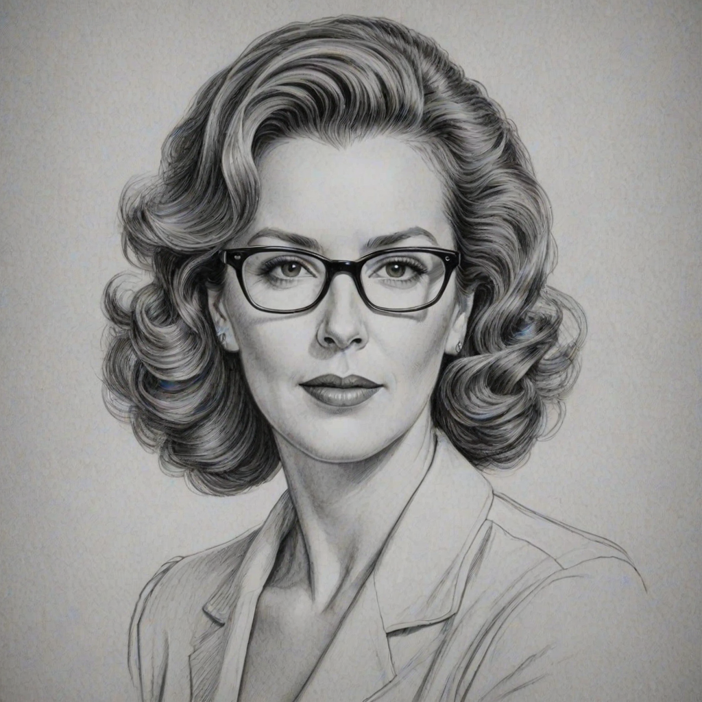 Ravishing Elizabeth Perkins, pencil sketch, portrait of Appealing woman 1947s in glasses, hair style beatnik, outline, clear lines, fine lines, 8k