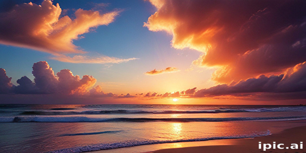 Stunning Sunset Over Tranquil Ocean with Colorful Clouds and Waves