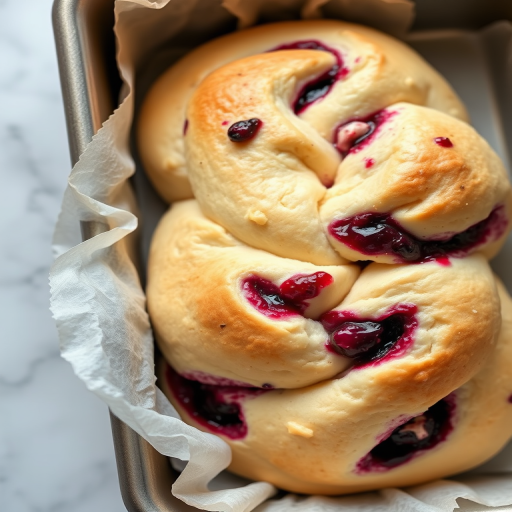 Create an image of a twisted bread loaf filled with berry jam in a baking pan lined with parchment paper. The bread should have a soft texture with visible swirls of purple jam throughout. The background should be a light marble surface to emphasize the bread.