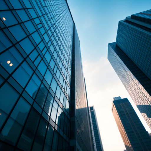 high-rise building skyline from a low angle, focus on glass facade details, early morning light, ISO 100, f/8 aperture, 1/200 sec shutter speed, wide-angle lens, digital SLR camera