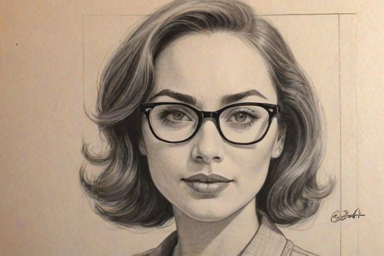 Superb Courtney Ford, pencil sketch, portrait of Enchanting woman 1956s in glasses, hair style beatnik, outline, clear lines, fine lines, 8k