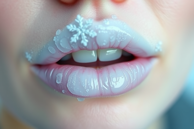 Icy white lips with a frosted pearl finish, titled "Arctic Frost," featuring a cooling effect and subtle blue undertones for a wintry look