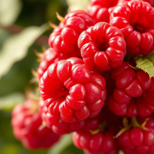 highly detailed 3D rendering of a cluster of ripe red raspberries, macro lens, shallow depth of field, soft focus background, natural lighting, high-resolution texture, studio lighting setup