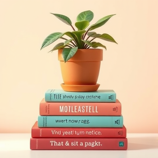 Create a high-resolution illustration of a potted plant atop two stacked books with motivational phrases, using a soft pastel background, shot with a DSLR camera at f/2.8, 50mm lens, with soft natural lighting to enhance color vibrancy and depth.