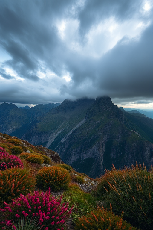 A dramatic mountain landscape under turbulent skies with vibrant vegetation, shot with a Canon EOS R5, 24mm f/1.4 lens, ISO 200, f/8, 1/125 sec, wide angle view, high dynamic range and enhanced color saturation.