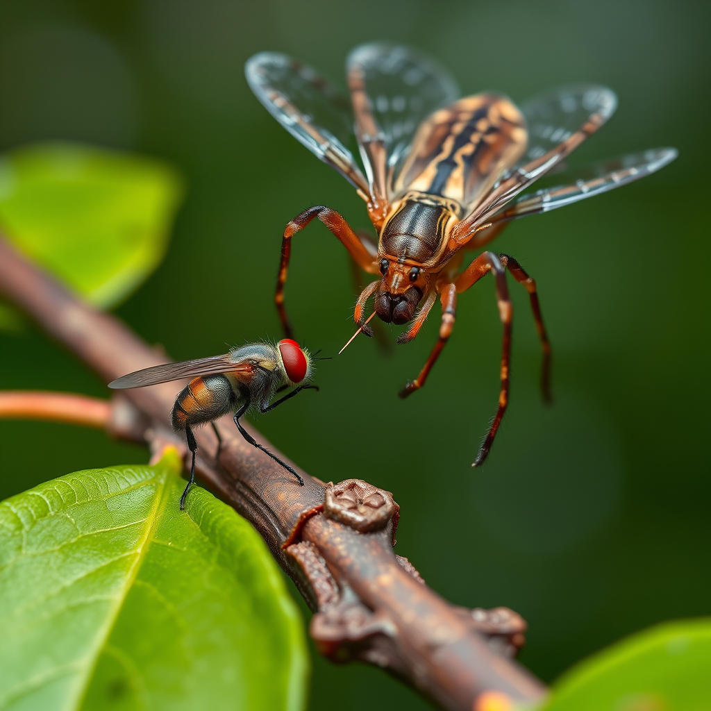 Spectacular photography, 300dpi, digital noise free, extremely clear, ultra-realistic, inside focus, best angle view, with intricate details of a small and tiny fly, standing on a branch of a tree, partially covered with green leaves. A large and majestic spider, flying over the fly, right in front of the spider with its body arched and the sting completely out of its abdomen pointing at the fly's body and prepared in an attacking and aggressive position, stares at it and watches stealthily. Both within focus . Proportion of size. Light of day. National Geographic style
