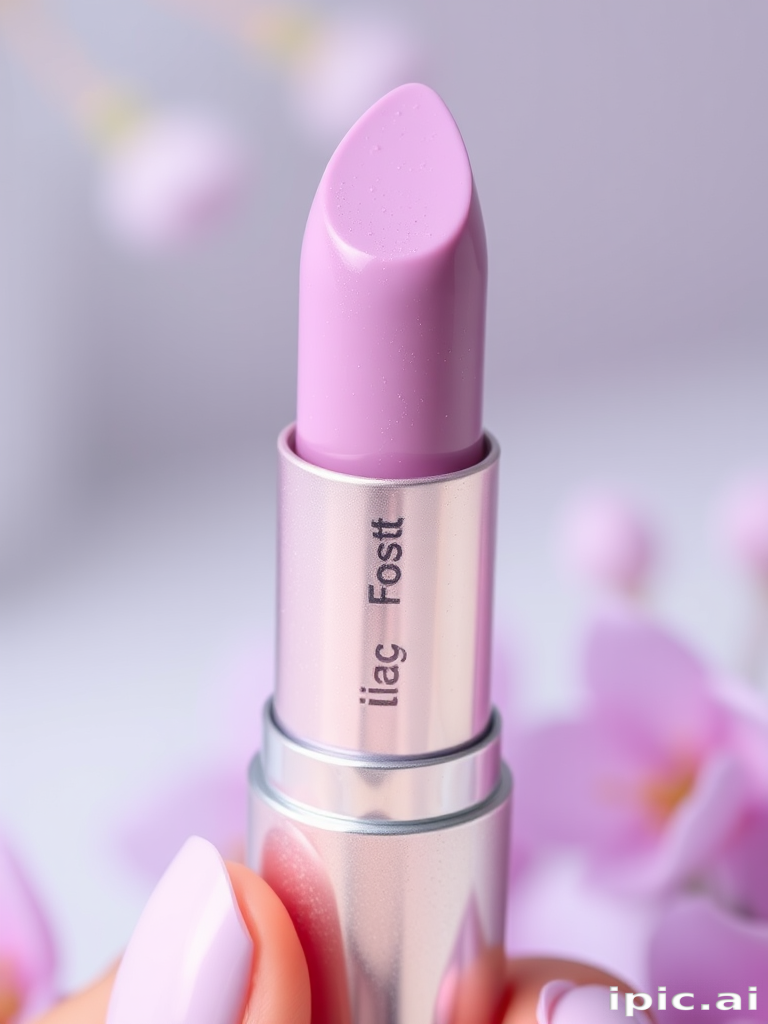 Frosted pastel lavender lipstick named "Lilac Frost" with a creamy formula and subtle cool-toned shimmer for a fresh spring look