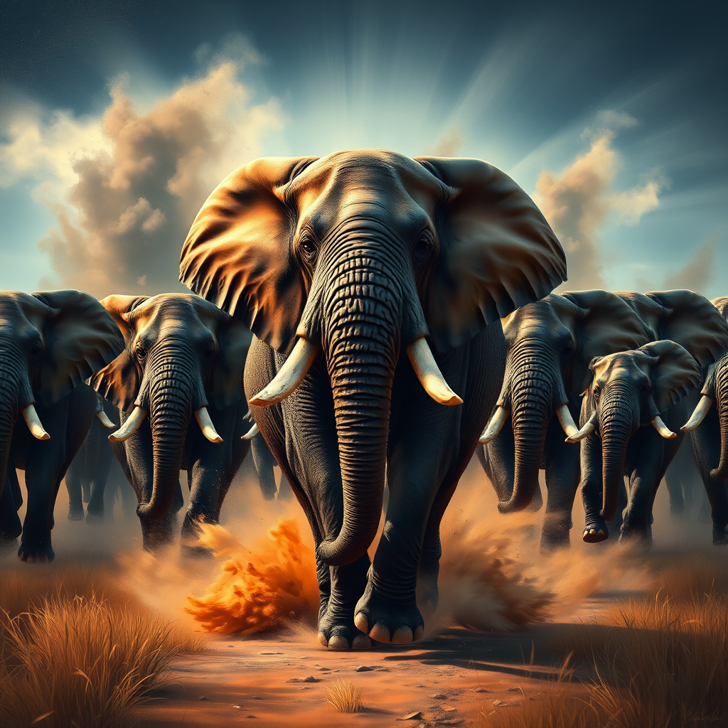 vivid colourful hyper-realistic Oil Painting. a charging group of many large angry elephants. A huge dominating bull elephant leads with huge white tusks ears. Includes a  baby elephant.  Lots of swirling dust whirling around them rising high and being kicked by their feet. Dark dramatic blue-grey fills the sky with warm breaking through. Colourful oil painting style. dry grass on the ground on each side. dark soft graduated band across top of picture. Warm colour. Art Look added in Topaz.