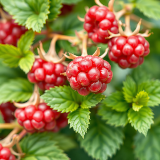 Create a vibrant watercolor illustration of ripe raspberries and green leaves, capturing intricate details of the fruit and foliage, with soft natural lighting, using a Canon EOS R5 camera, 85mm lens, f/4 aperture, ISO 100, and a shallow depth of field for enhanced focus on the berries.