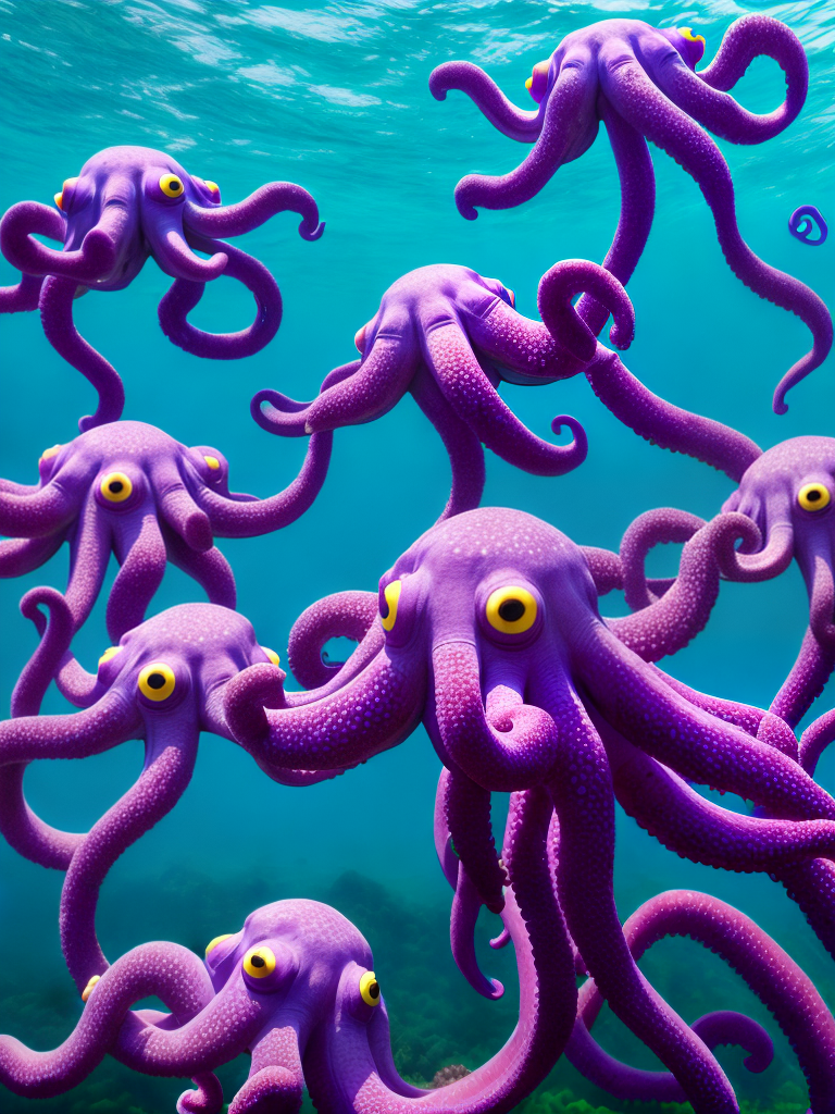 Purple octopuses float in a clear sky