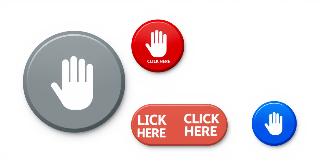 Create a high-resolution graphic featuring four circular buttons: a gray button with a white hand icon and the text "CLICK HERE," a red button with the same design, a silver button featuring the same theme, and a blue button, all with a clean, modern style, captured with a DSLR camera at f/2.8 aperture, ISO 100, 1/60s shutter speed, and a 50mm lens focusing on vibrant colors and sharp details.